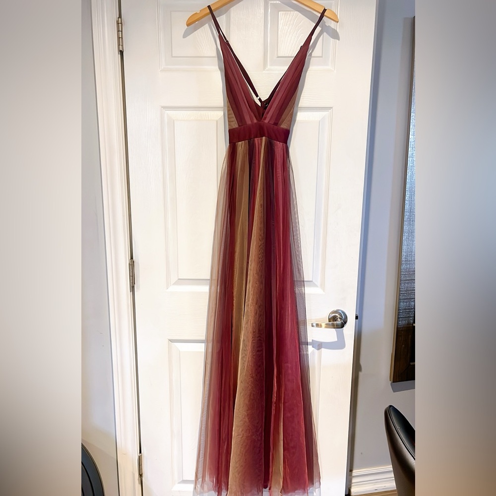 Fashion Nova purple Burgundy and Gold ombré Tulle Prom Dress